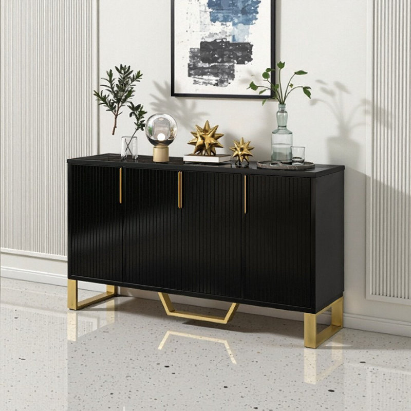 Modern Black Buffet Sideboard - 60" 4-Door Storage with Gold Metal Handles, Adjustable Shelves & Metal Legs, Black