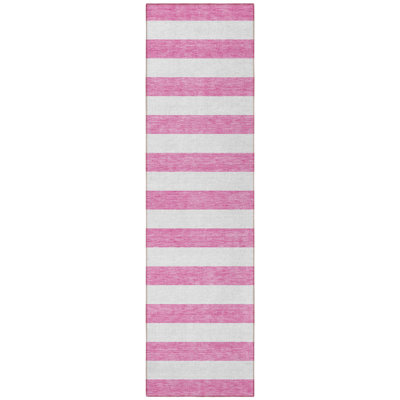 2' X 8' Pink and White Striped Washable Indoor Outdoor Runner Rug