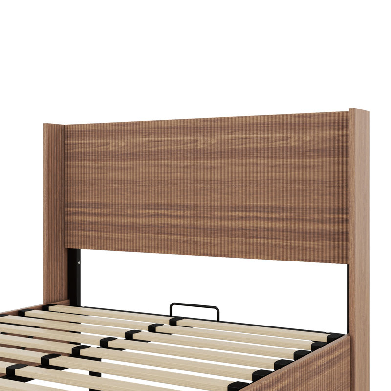 Lit plateforme grand, cadre de lit de rangement à levage pneumatique avec tête de lit ondulée rainurée
