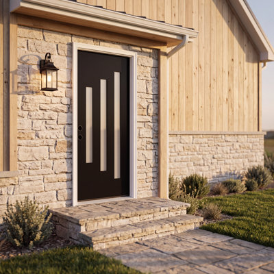 36" x 80" Contemporary 3-Lite Fiberglass Front Entry Door with Low-E Frosted Glass