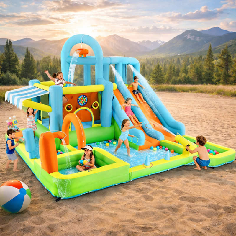 Maison de jeu gonflable 2 glissières Joyldias, maisonnette double avec piscine