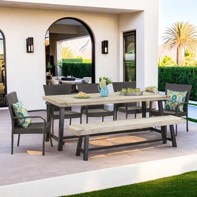 Egina 8 - Person Acacia Wicker Patio Dining Set with Rectangular Table, Sandblast Light Gray/Black