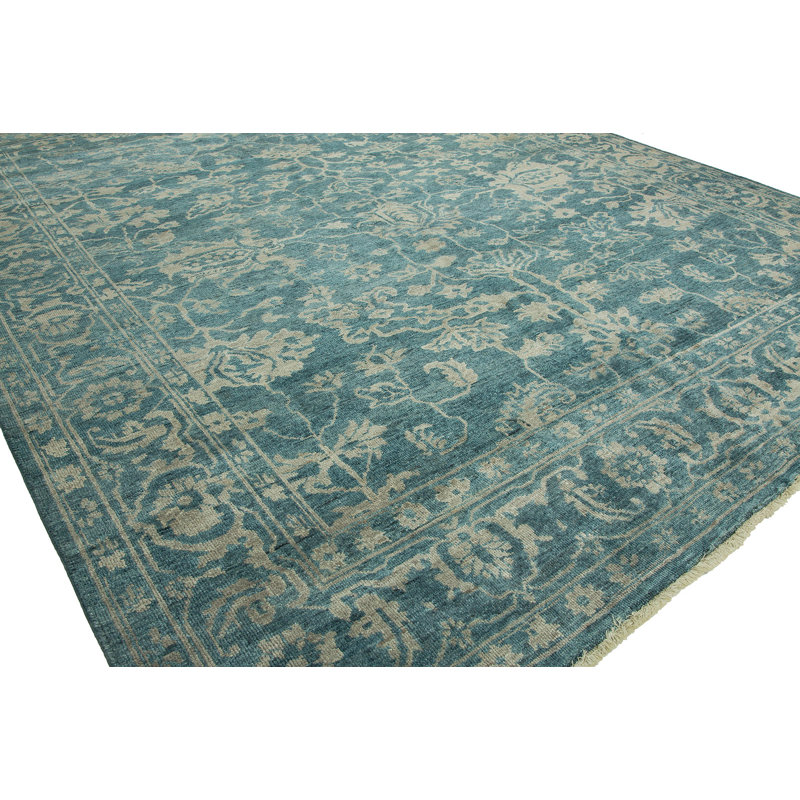 Hand Knotted Wool Area Rug in Blue, Runner 2'6" x 10'