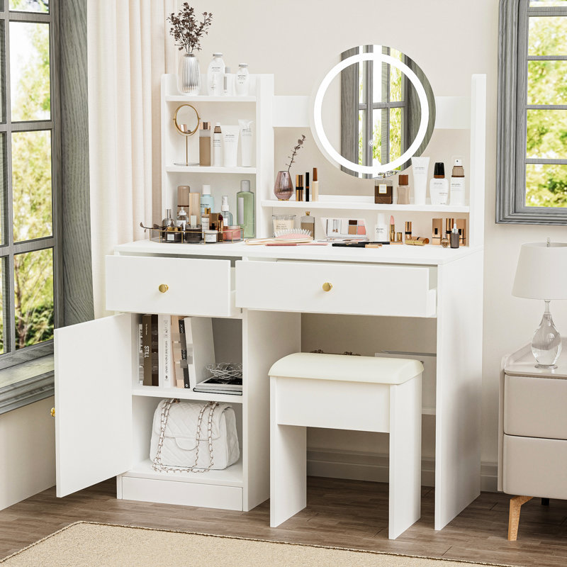 Bureau de coiffeuse à la mode avec lumières et miroir, tablettes de rangement spacieuses pour la chambre à coucher, lumières miroir, 3 effets de couleur