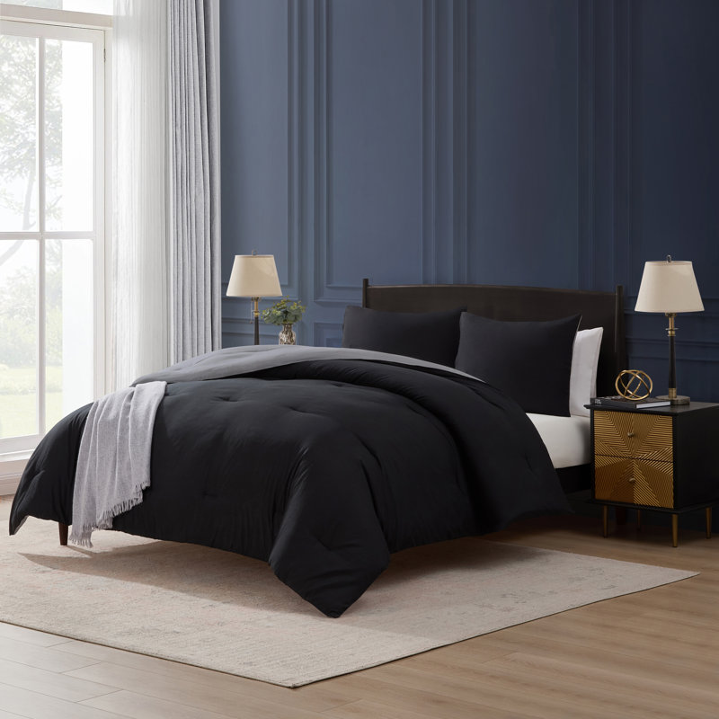 Ensemble d'édredon réversible 3 pièces Ultra Soft, Noir / gris anthracite, Édredon double + 2 taies décoratives standards