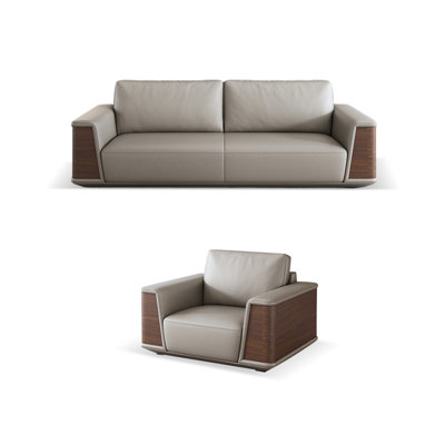 Modern Genuine Leather Sofa Set with Wood Grain Armrests, 2-Seater 215cm + Single 110cm Contact Area Leather Couch with Plush Cushions for Living Room