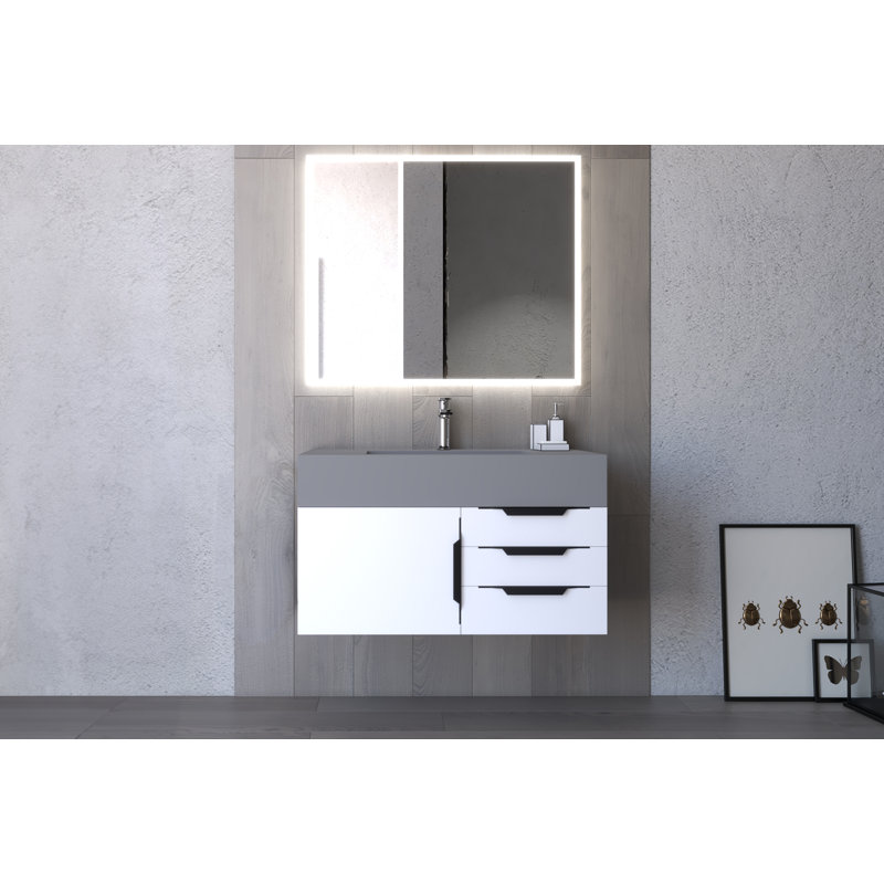 Ensemble de meuble-lavabo simple 36 po avec miroir Modern, gris, Blanc, Noir