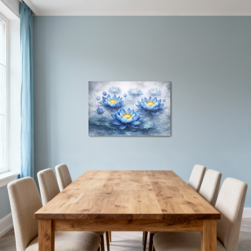 Plantes et fleurs de lotus bleu sur la surface de l'eau, H 16 po x l 24 po