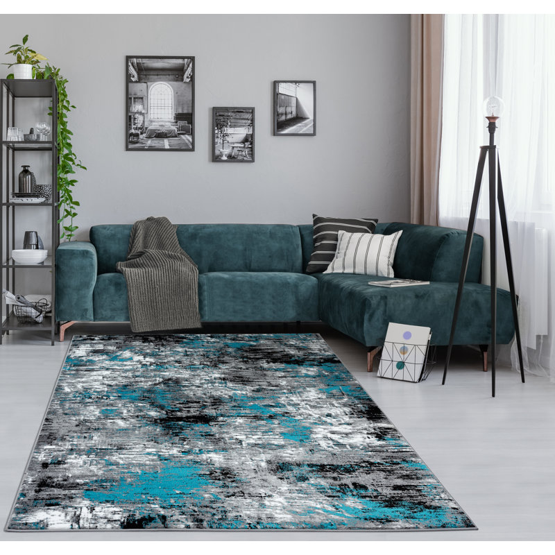 Tapis bleu / gris / noir à motif abstrait Hellie, Rectangle 5 pi 2 po x 7 pi 3 po