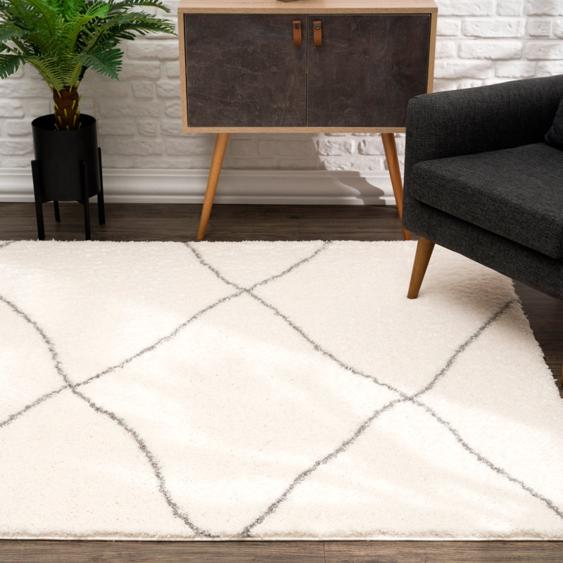 Tapis d'intérieur / à treillis blanc / gris 4 pi x 6 pi (3 pi 9 po x 5 pi 6 po) Branch Branch Linea - tapis contemporain, à poils longs et résistant aux taches