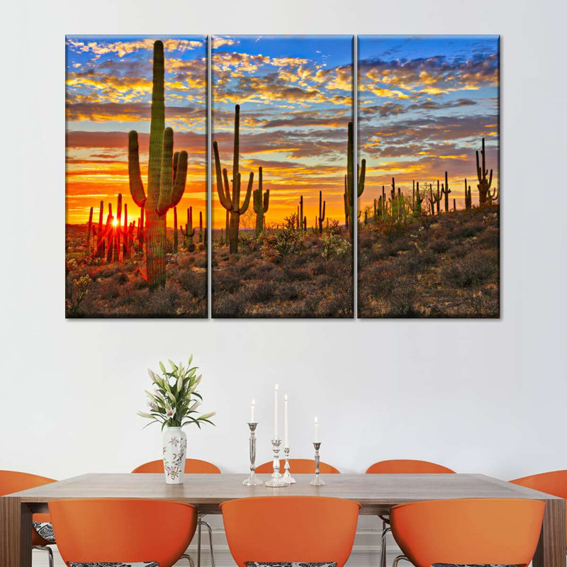 Cactus coucher de soleil sur toile 3 pièces, H 36 po x l 57 po x P 1,25 po