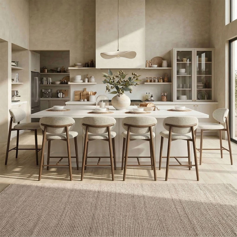 25.5" Modern Counter Height Bar Stools Set Of 6, Upholstered Kitchen Island Stools With Curved Back, Beige
