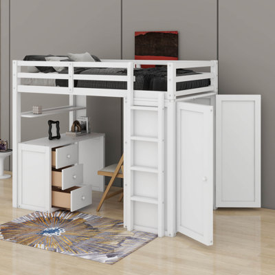 Lit mezzanine simple avec bureau, tiroirs et garde-robe