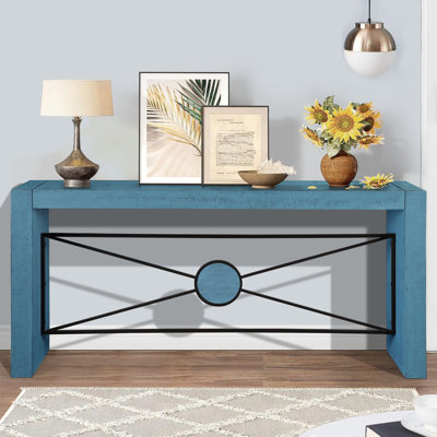 " retro wood console table - farmhouse style, angled metal frame, antique blue, perfect for entryway or behind couch