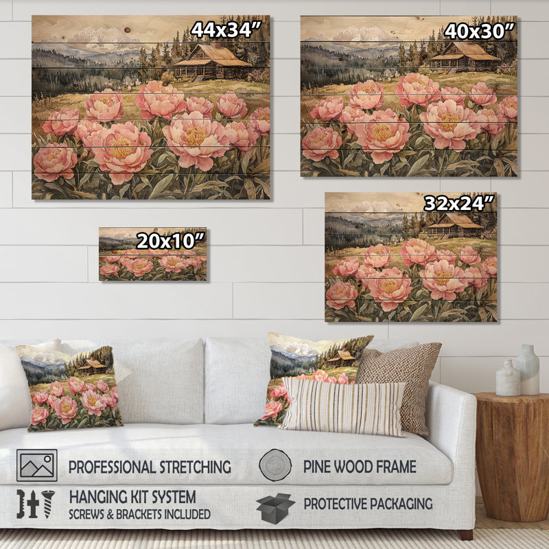 Forêt pivoines par la cabane en bois rond II - décorations murales en bois pivoines - sur bois de pin naturel