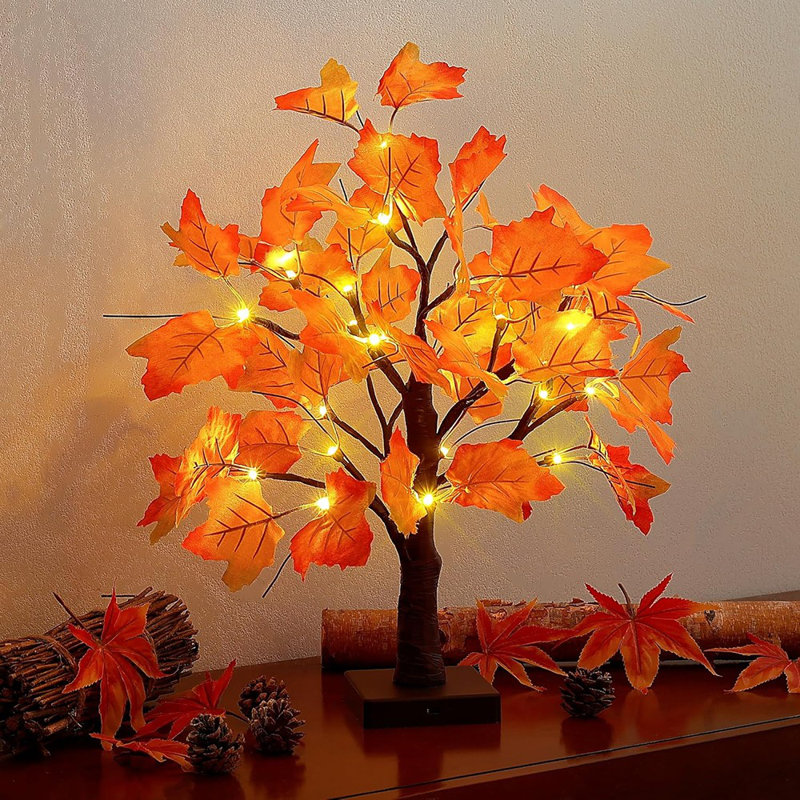 Arbre de Noël 24 DEL avec érable illuminé, arbre de table avec feuille d'érable de l'Action de grâce, minuterie à piles avec lumières d'automne pour les fêtes intérieures et les récoltes d'automne