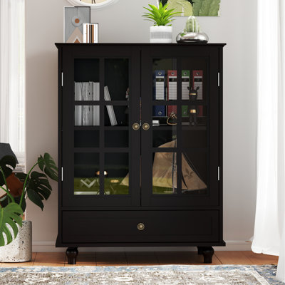 Buffet moderne avec portes doubles en verre et pieds en bois massif, pour la cuisine, les tablettes réglables de la chambre à coucher, les portes du tiroir coulissant et coulissant, le couloir, le verre trempé