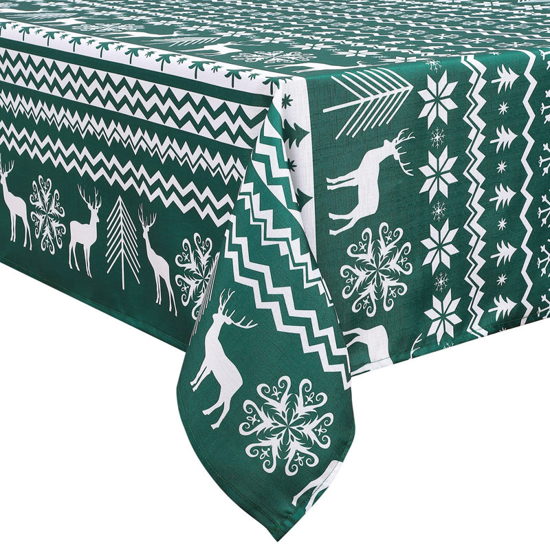 Waterproof Christmas Tablecloth – Durable mark Resistant Table Cover – Reindeer & Snowflake Print, Green, Easy Care – Ideal for Holiday Dining & Parties – 52"x52" Square – Green background (Germany)