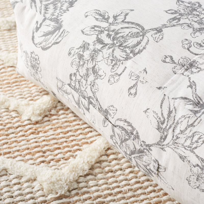 Gray Floral Blossom Print Square Floor Pillow