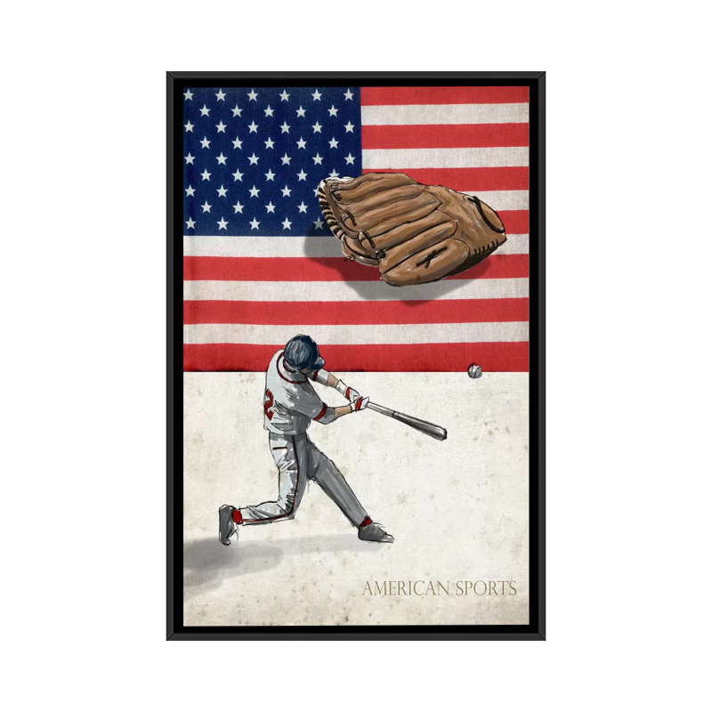 «Baseball I», reproduction de souvenirs sur toile tendue, H 26 po x l 18 po x P 1,5 po, Toile avec cadre noir, Pas de tapis