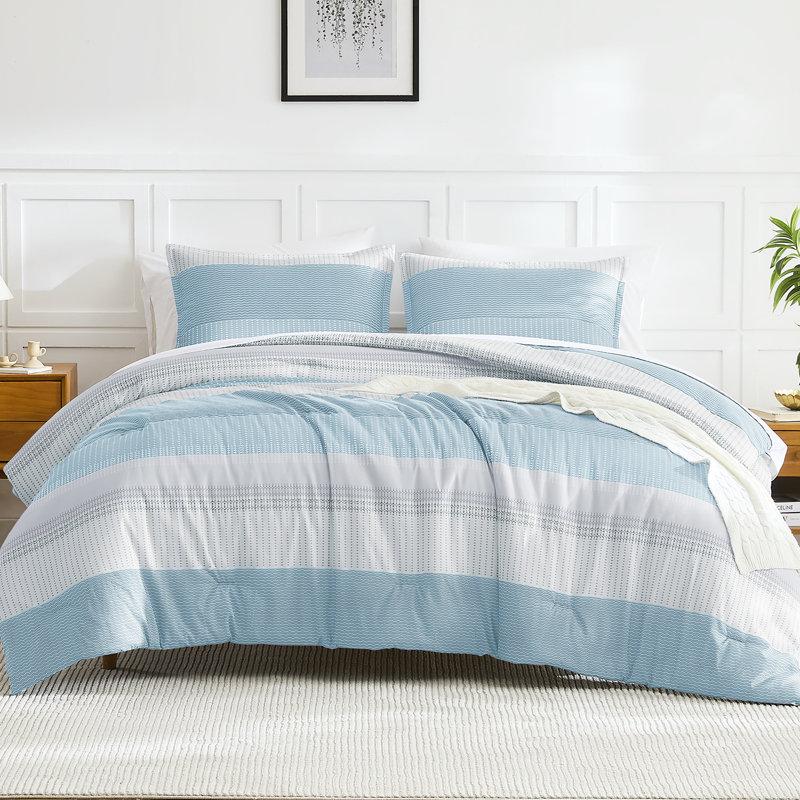 Andency Comforter Set, Lightweight Colorblock Stripes Bedding Comforter Set, Fluffy Down Alternative Bed Set, Mineral Blue, California King