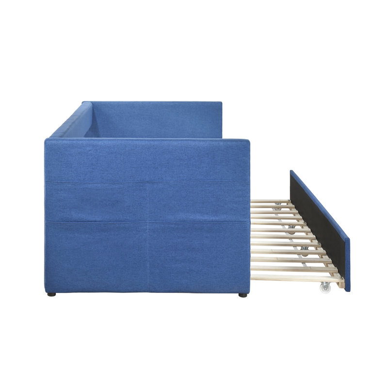 Modern Daybed Pull-Out Trundle With Side Pockets, Twin Upholstery Daybed And Nailhead Trim, Blue