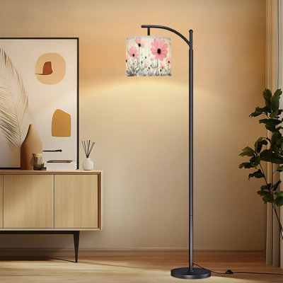 Lampe sur pied à arc avec abat-jour réglable rose, gris, floral, campagne sauvage, lampe sur pied en bois, nature, rétro