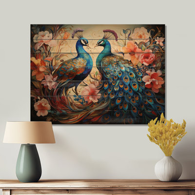 " Blue Coral Indian Art Dancing Peacocks I " Mixed Media and Color Photography Print
