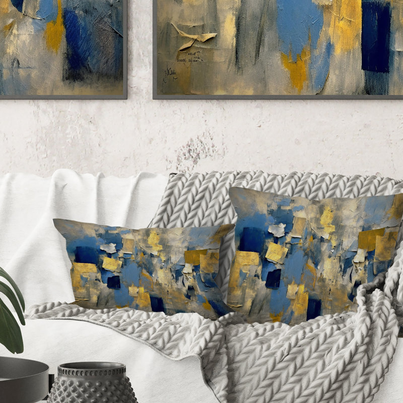 Coussin Lyrical Abstraction en bleu et jaune II - Abstract Collages