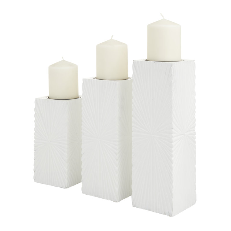 Wooden Carved Pillar Geometric Decorative Candle Holder Set, White