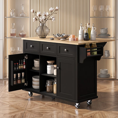 Chariot pour îlot de cuisine sur roulettes à 5 roulettes, plateau en bois d'hévéa avec armoire et 3 tiroirs