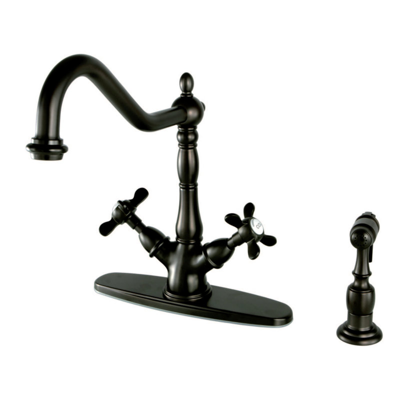 Kingston Brass Essex Two-Handle 2-or-4 Hole Deck Mount Kitchen Faucet with Brass Sprayer, Oil Rubbed Bronze