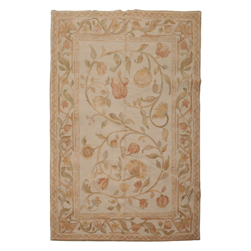 Tapis beige en laine noué à la main de conception unique 6 pi x 9 pi 4 po Anzell