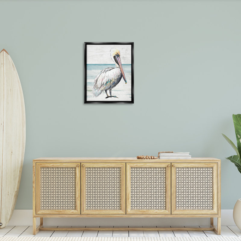 Rustic Pelican on Shoreline, 31" H x 25" W, Jet Black Floater Frame