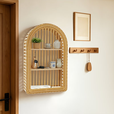 Étagère murale à 3 niveaux en rotin tressé, étagère de rangement artisanale en bambou et pin pour salle de bain ou entrée, décoration murale rétro