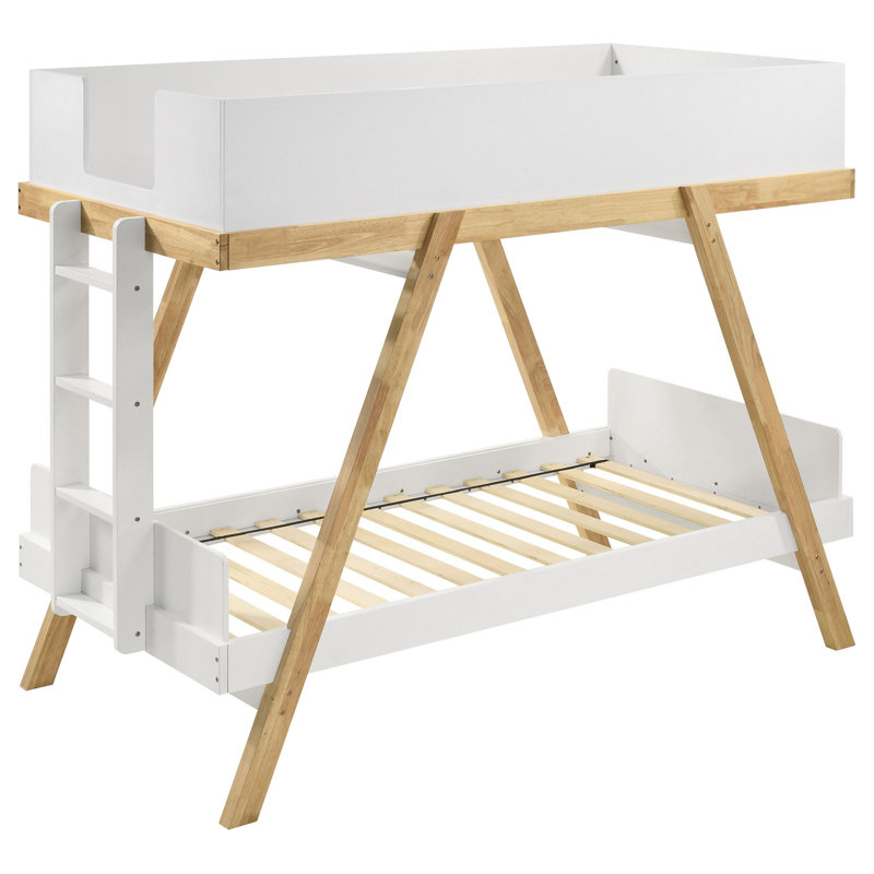 Anky Twin Size Bunk Bed, Wood Frame, 3 Side Panel Security, White/Brown