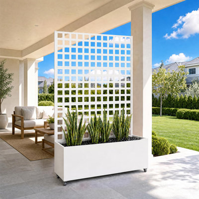 Metal Planter Box with Trellis and Wheels – 71" x 47" x 16", Drainage Holes, Rust-Resistant Galvanized Steel, 360° Locking Casters for Patio, Balcony & Garden, White