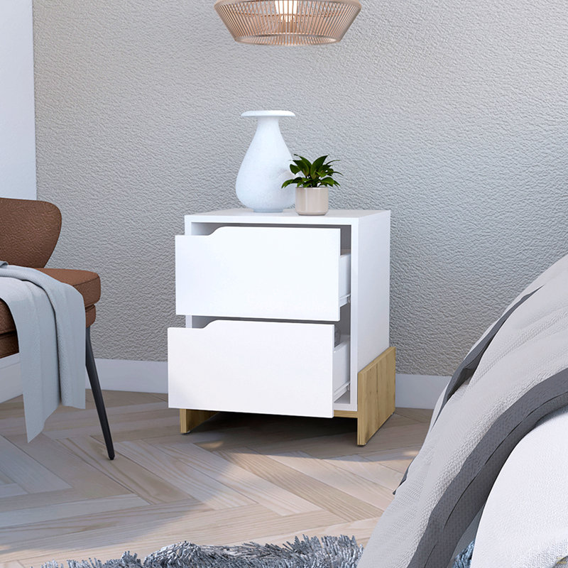 Table de chevet Brookland, table de chevet avec tiroirs doubles et base robuste, Blanc/naturel