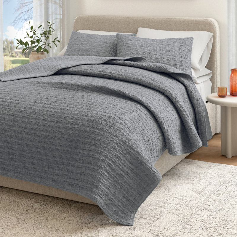 Ensemble de courtepointe et couvre-oreiller 100% coton délavé en nid d'abeille gaufré, Bleu denim