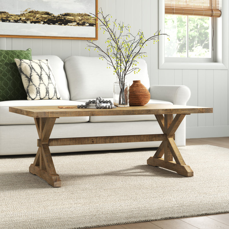 Transitional Trestle Base Rectangular Coffee Table in Distressed Pine