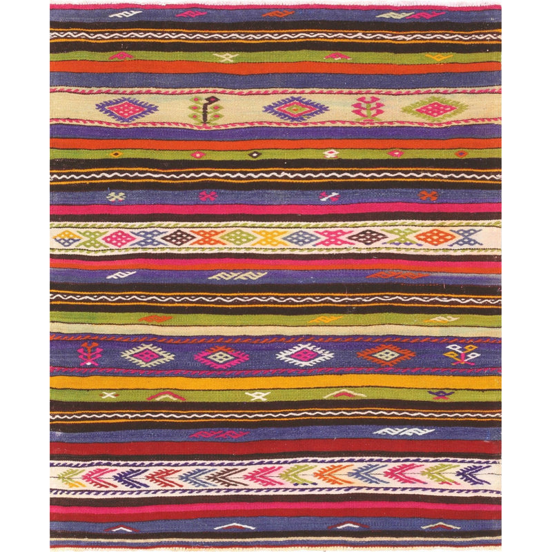 Tapis unique en laine noué à la main de style années 1960 de 3 pi 10 po x 4 pi 8 po bleu / rose / rouge