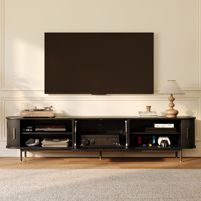 Mid-Century Modern TV Stand, Sliding Door, Fully Assembly, 21.25"H x 94"L x 15.75"W, Black