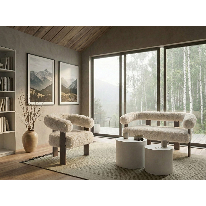 Living Room Set ILBRO Faux Fur, Off White, Dark Brown