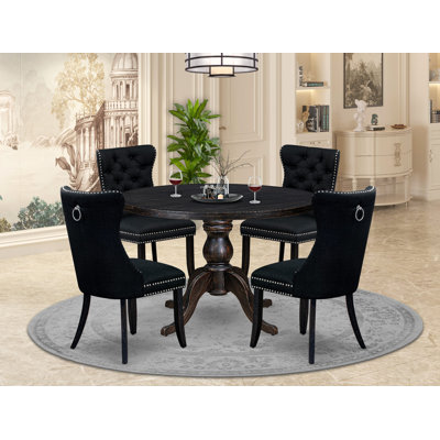5-pc Kitchen Table Set contains a parson table and 4 Black Polyester Fabric kitchen chairs with Button Tufted Back - Sand Blasted Black