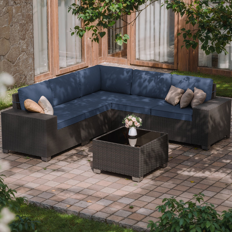  6-Piece All-Weather Outdoor HDPE Rattan Patio Sofa Set with Cushions&Wide Armrests, Navy