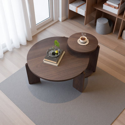 32.68 Inch Nesting Round Wood Coffee Table With End Table Set Of 2, Water And Wear-Resisting PU Painting Side Table For Living Room