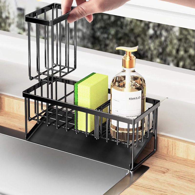 304 Rustproof Stainless Steel Kitchen Sink Caddy, High Brush Holder, Sponge Holder & Soap Dispenser Organizer, Black