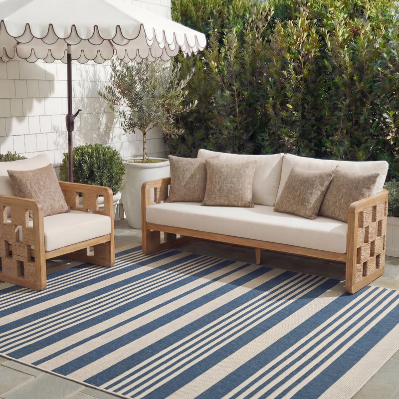 Tapis intérieur / extérieur rayé bleu marine / beige Arneshia, Rectangulaire 8 pi x 11 pi