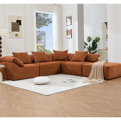 Canapé modulaire en chenille orange, 5 pièces, revêtement en chenille, sans pieds pour une touche contemporaine 142 po, chenille, orange
