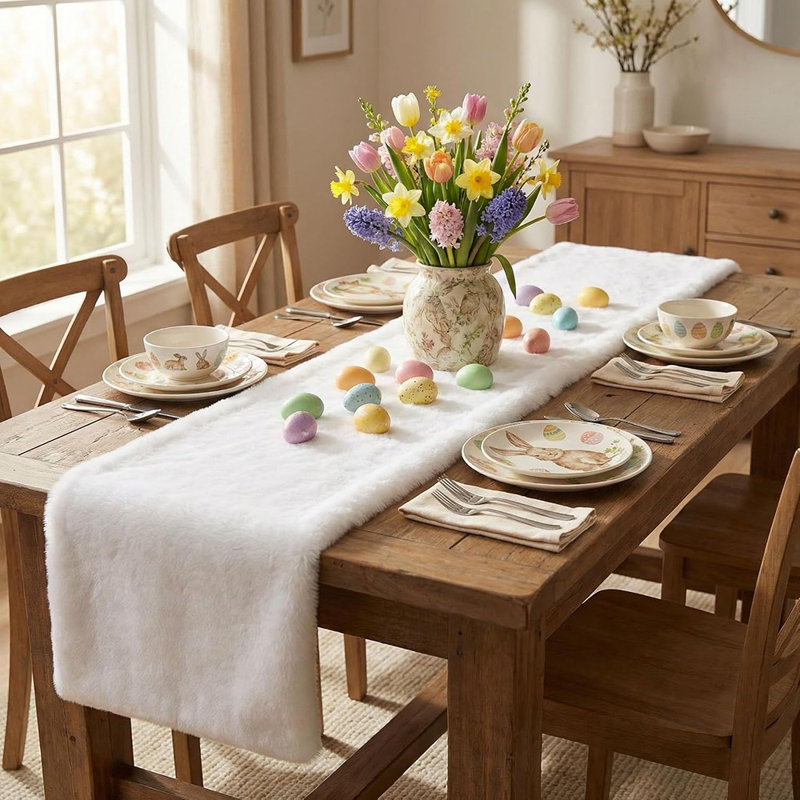 Chemin de table en fausse fourrure - Blanc - Long pelucheux moelleux
